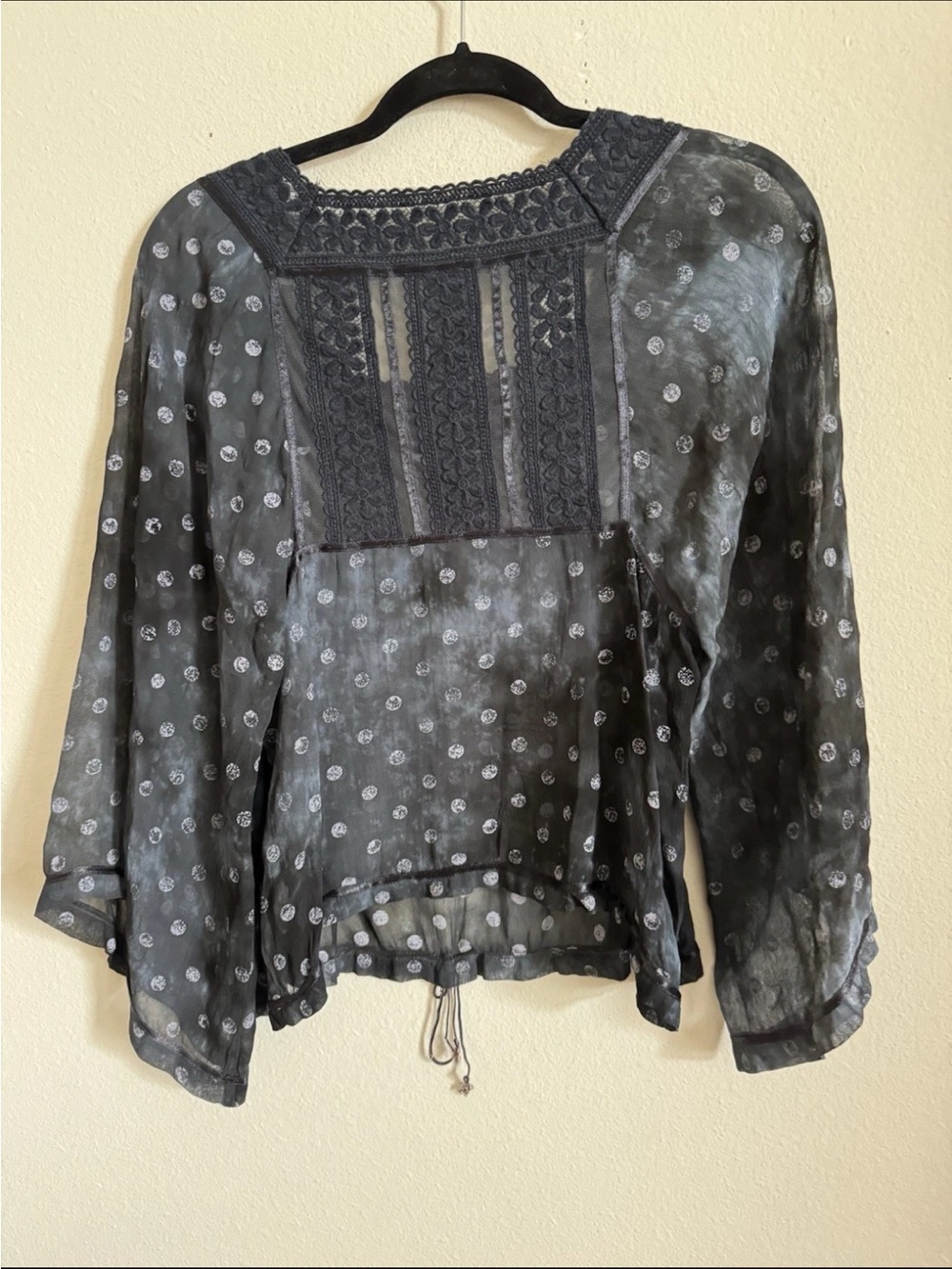 Free People New Romantics Navy Blue Sheer Boho Flowy Sleeve Crochet Top S - Picture 5 of 7